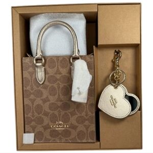 NWT Coach Boxed Mini Tote Bag And Mirror Bag Charm Set Tan/light Champagne CX188